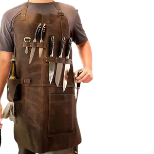 PU Leather Apron for Picnic BBQ, Oil-Resistant Wine Bottle Holder, Durable Convenient Outdoor Cooking & Work Use, All-In-One Grill Apron