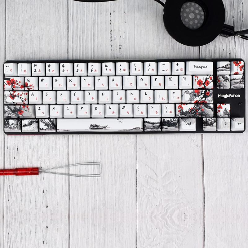 Plum Blossom Keycaps 71 Set for Gaming Mechanical Keyboard Custom PBT OEM Profile Japanese Font with Keycap Puller for Cherry MX 71/61 60 Percent Keyboard