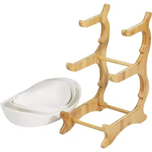 Modern 3-Tier Fruit Basket Stand, Bamboo Frame Snack Tray for Living Room , Space-Saving Countertop Organizer with White Plastic Bowls , Kitchen Countertop Snack Dessert Cake Tray Holder, Countertop Organizer , Decorative Tray , Vegetable Fruit Container