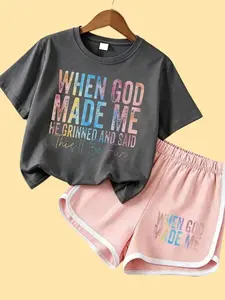 Girls 2-Piece Summer Outfit Set, Graphic Short Sleeve T-Shirt and Pink Dolphin Shorts, Casual Kids Clothes