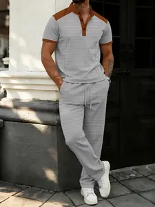 Men's 2-Piece Set, Colorblock Stand Collar Short Sleeve Polo Shirt + Drawstring Waist Long Pants, Comfortable Breathable Casual