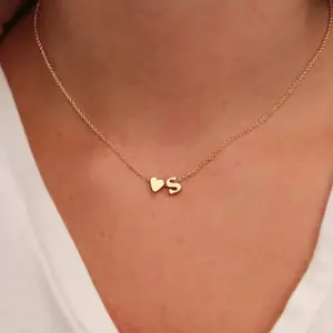 1pcs Fashion Tiny Heart Dainty Initial Necklace Gold Silver Color Letter Name Choker  For Women Pendant Jewelry Gift