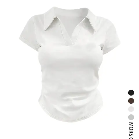 Women's Dark Slim Fit Plain Polo Shirt Short Sleeve, Minimalist Fashion Summer Top, Casual Stylish Polo Tee for Women, Basic