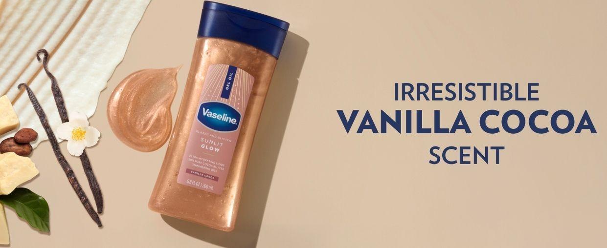 Vaseline Glazed and Glisten Sunlit Glow Body Gel Oil Vanilla Cocoa Shimmering with Ultra-Hydrating Lipids and 100% Pure Cocoa Butter, 6.8 Oz