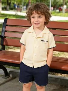 Summer Breathable Set, Boy's Casual Waffle Open Front Shirt + Shorts, Comfortable Kids Clothing, Ideal for Warm Weather
