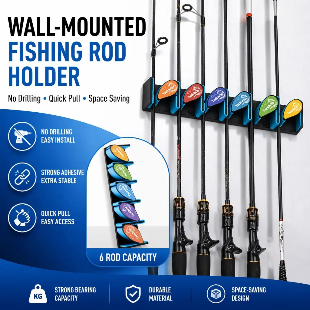 6-Slot Quick Buckle Punch-Free Vertical Fishing Rod Wall Rack, Strong Spring Clip Storage Organizer for Spinning Casting Rods