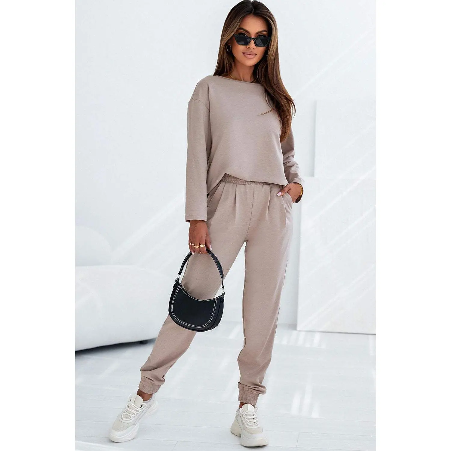 Khaki Casual Pullover and High Waist Pants Outfit