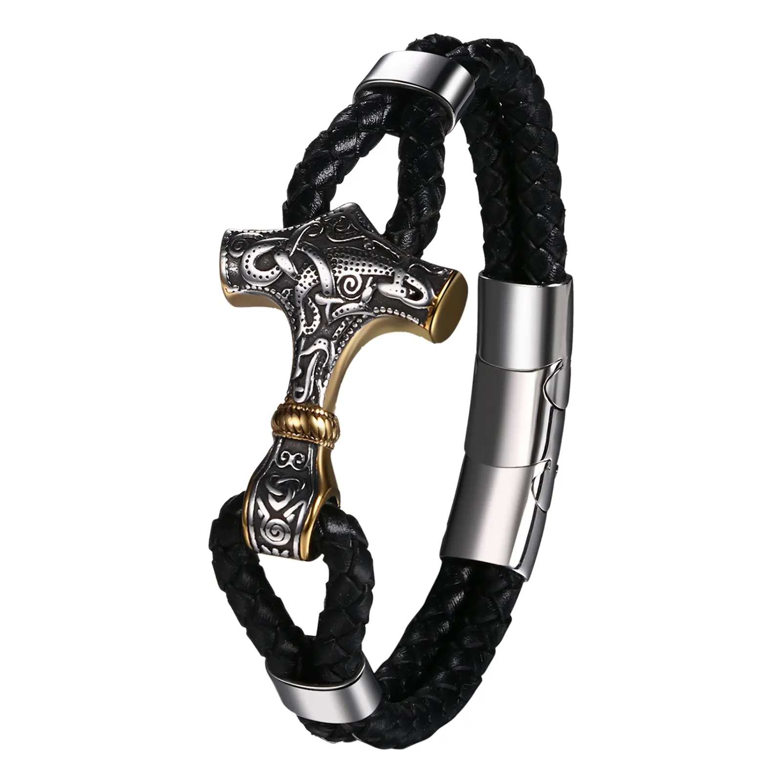 OIDEA Male Viking Cuff Bracelet, Norse Mjolnir Amulet, Heavy Stainless Steel with Layered PU & Magnetic Clasp, Adjustable Size, Viking Motif, Gift for Father summerwins