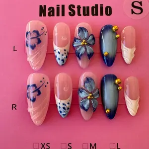 Handpainted 3D Nails - Almond Nail - 3D Sculptured Flower Press On Nail - handpainted cute designs - French tips - acrylic press-on - fake nails - Handmade nails - high quality Press on nails 10 pcs - reusable nails - wholesale nails - mystery box nails