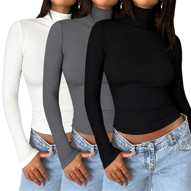 3 Pack Slim Fit Casual Crop Tops - Women's Long Sleeve Crewneck & Turtleneck, Y2K Korean Fashion Basic, Minimalist Layering Shirts for Everyday