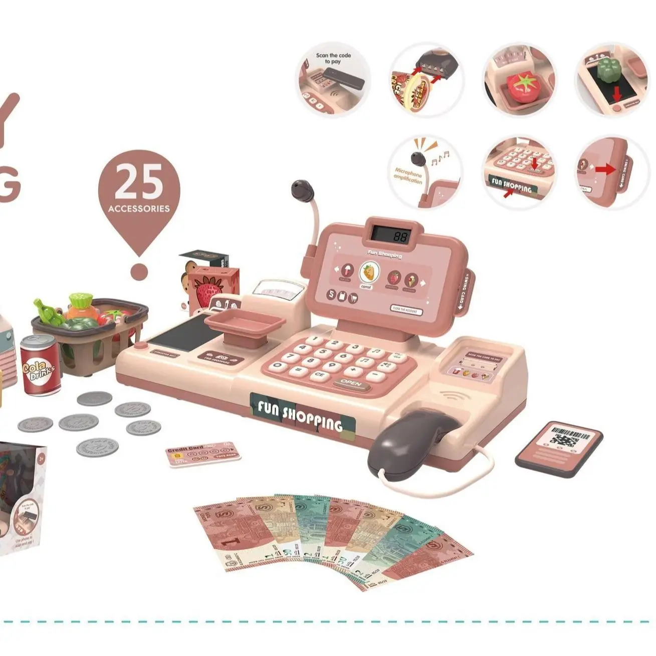 Fancy Fantastic Pretend Play Cashier Register Toys For Kids25pcs with CalculatorPlay , Cash,And Fruits Modes