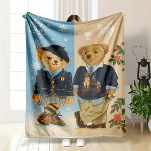 Vintage Fashion Bears Flannel Blanket Polo Inspired Print Soft Warm Cozy Throw for Sofa Bedroom Office Winter Decor Gift