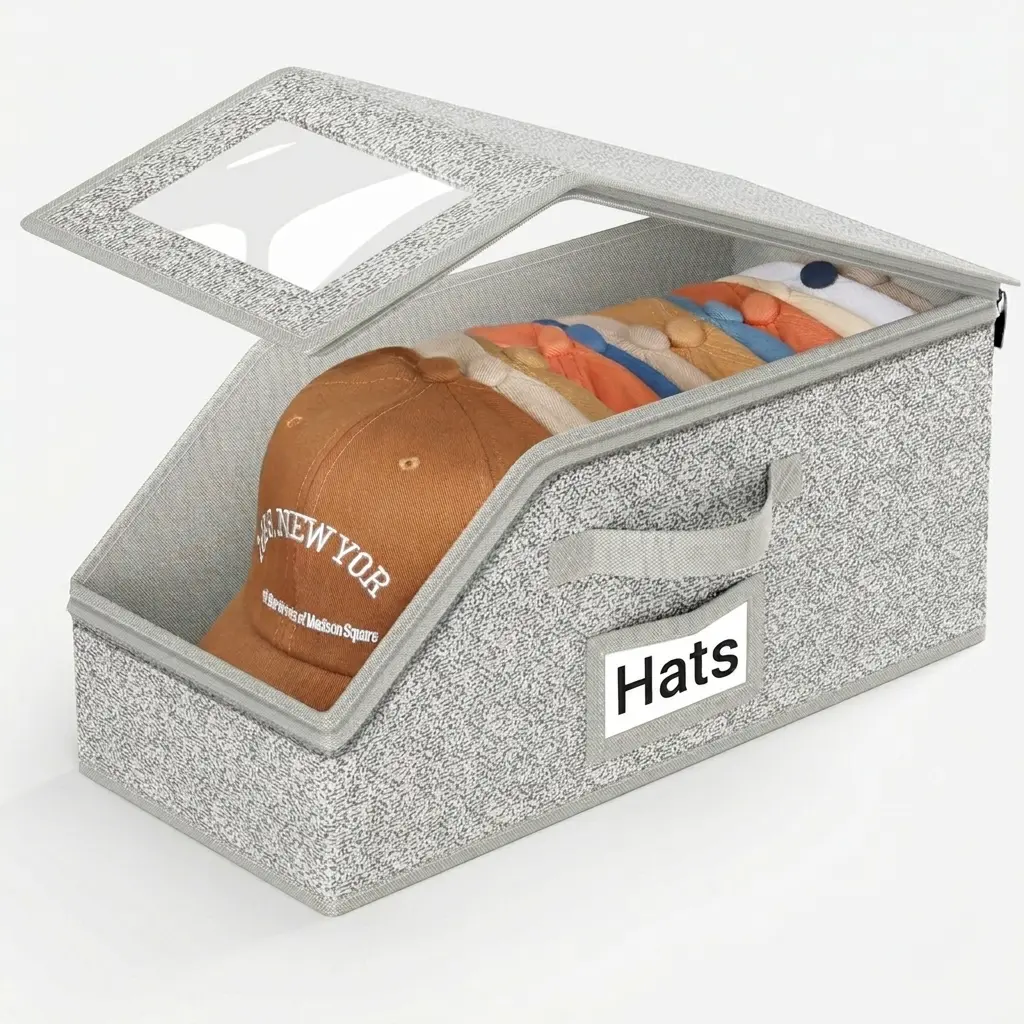 Rectangle Eco-Friendly Dustproof Stackable Large Baseball Cap Storage Boxes - Classic Wardrobe Organizer Bins with Window, Ideal Mens Gift