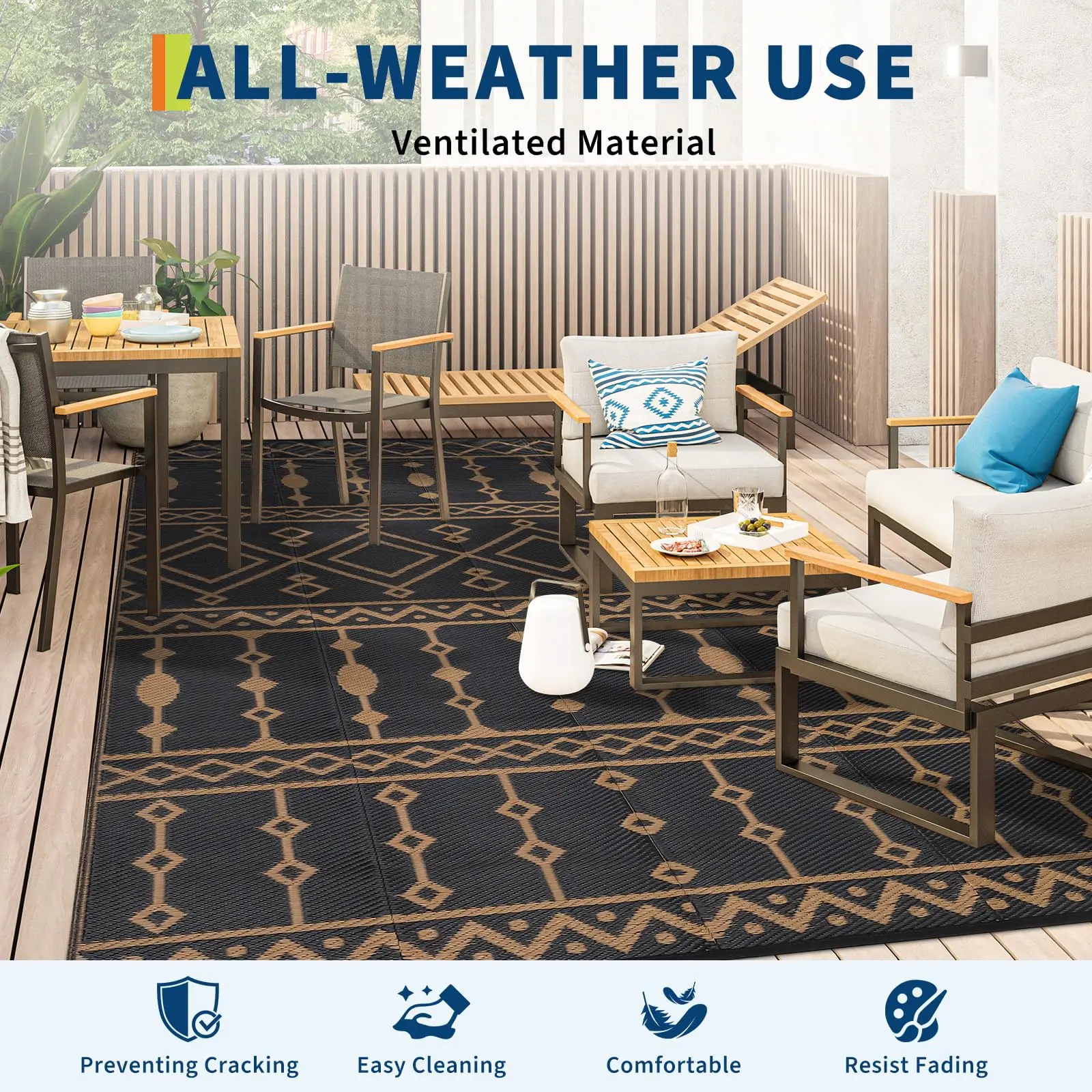 Garvee Reversible Waterproof Outdoor Rug 8x10 ft - Plastic Straw Patio Mat, Boho Diamond, UV Fade Resistant, Easy Clean - for Deck, RV, Camping, Balcony, Garden - Black/White