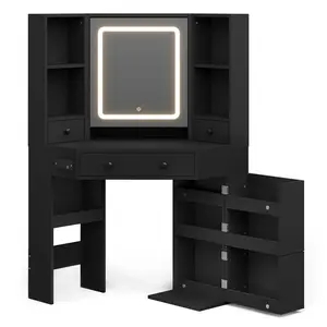 Sikaic Corner Makeup Vanity Set with Upholstered Storage Stool Black Sikaic Corner Makeup Vanity Set with Upholstered Storage Stool Black