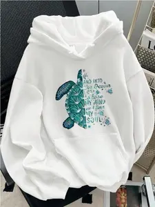 Plus Size Women's Casual Turtle Slogan Print Drop Shoulder Hoodie Sweatshirt, Autumn/Winter