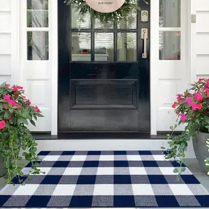 Buffalo Plaid Checkered Rug 27.5" X 43" Front Door Mats, Washable Area Rugs for Front Porch Decor, Spring Summer Welcome Mats Outdoor, Navy White Rug for Farmhouse/Entryway/Home Entrance