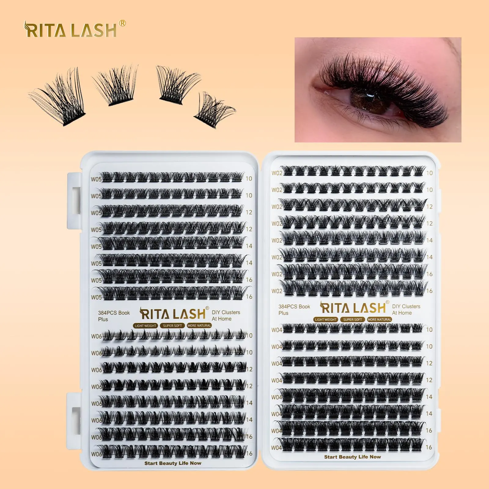 RITALASH 384PCS 4 style Mixed Individual Lashes Cluster Lashes book Individual Lashes Clusters Eyelash Extensions False Eyelashes DIY False Lash Extension Kit Reusable False Eyelashes Natural Look Mix 10-16mm