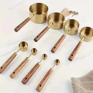 8PCS Golden Stainless Steel Measuring Cups & Spoons Set with Aromatic Wooden Handles - Perfect for Cooking, Durable Kitchen Baking Tools, Includes Spice Spoon and Coffee Scoop, Nesting Design Utensils
