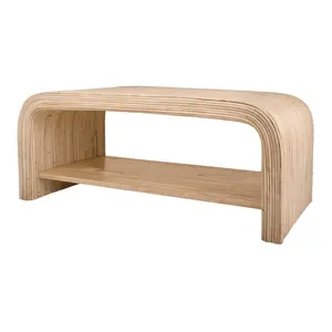 360 Stand Fully Built Kyran Rattan Coffee Table - Natural Tone, Open Shelf, Plastic Glides, Waterfall Edge, Indoor Furniture Table