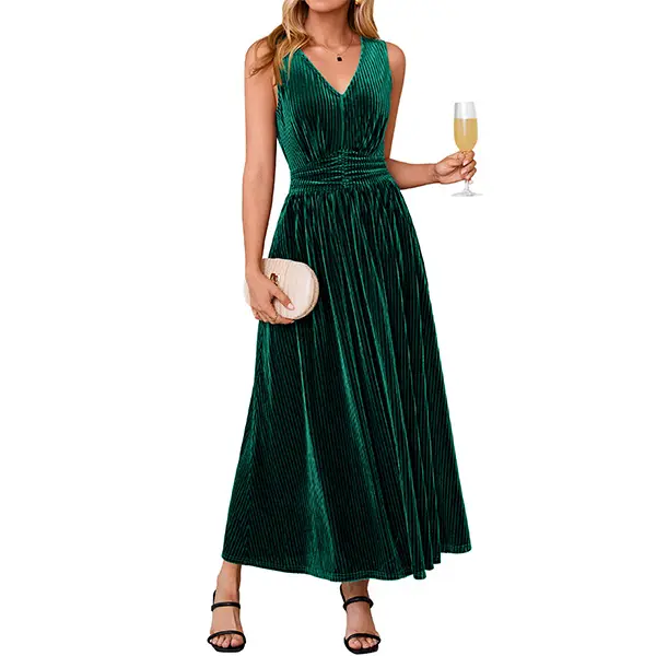 Simplee Womens Ribbed Velvet Maxi Dress | Sleeveless V Neck Long Dresses with Pockets | Flattering Ruched Waist A Line Wedding Guest Outfits