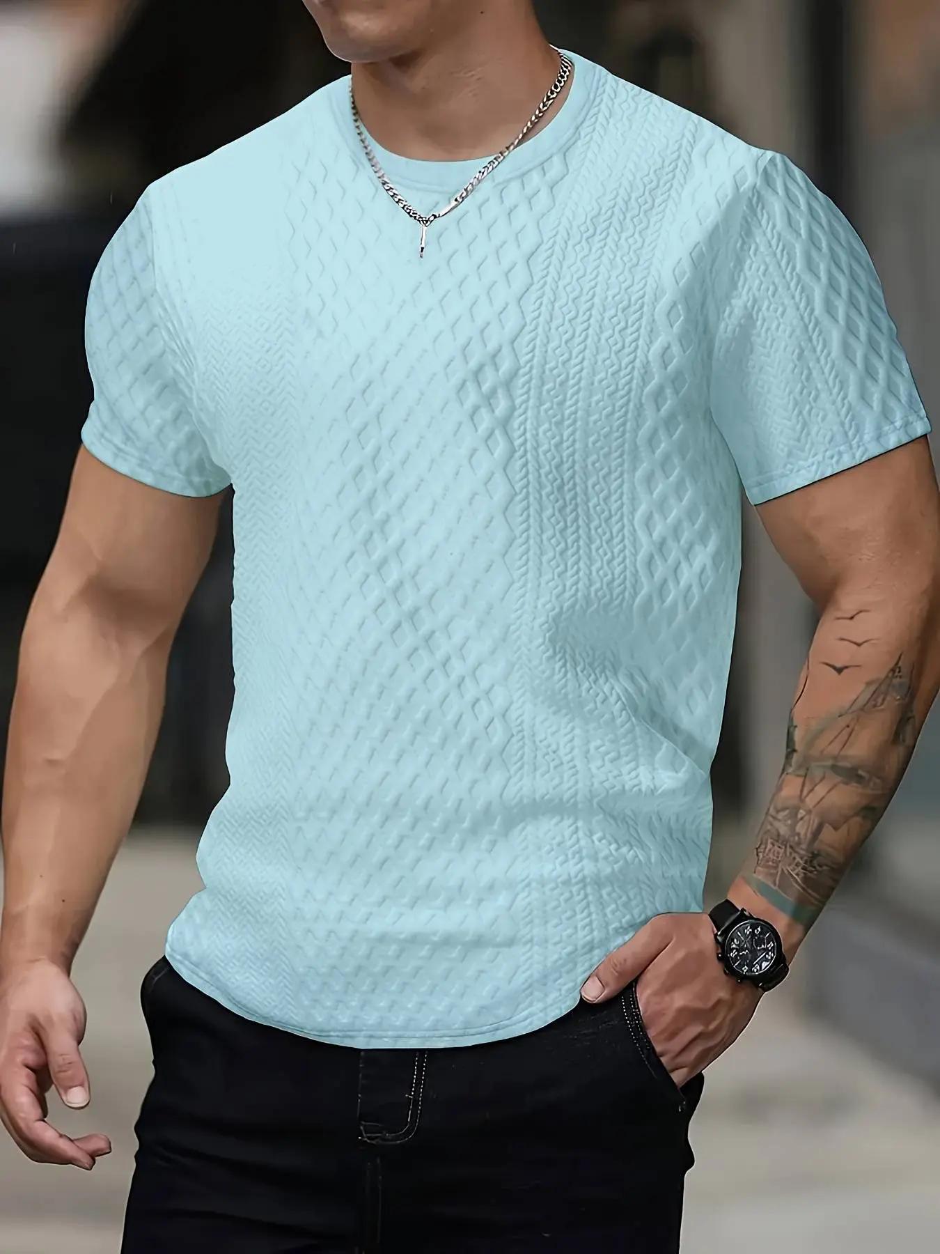 Men's Spring Summer Textured Fabric Solid Color Basic Casual Minimalist Plain Short Sleeve Round Neck T-Shirt, Casual Beach Style Loose Knit Top, Casual Comfy Fit, Menswear, Perfect for Fashion Streetwear Outdoor Sports & Daily Wear