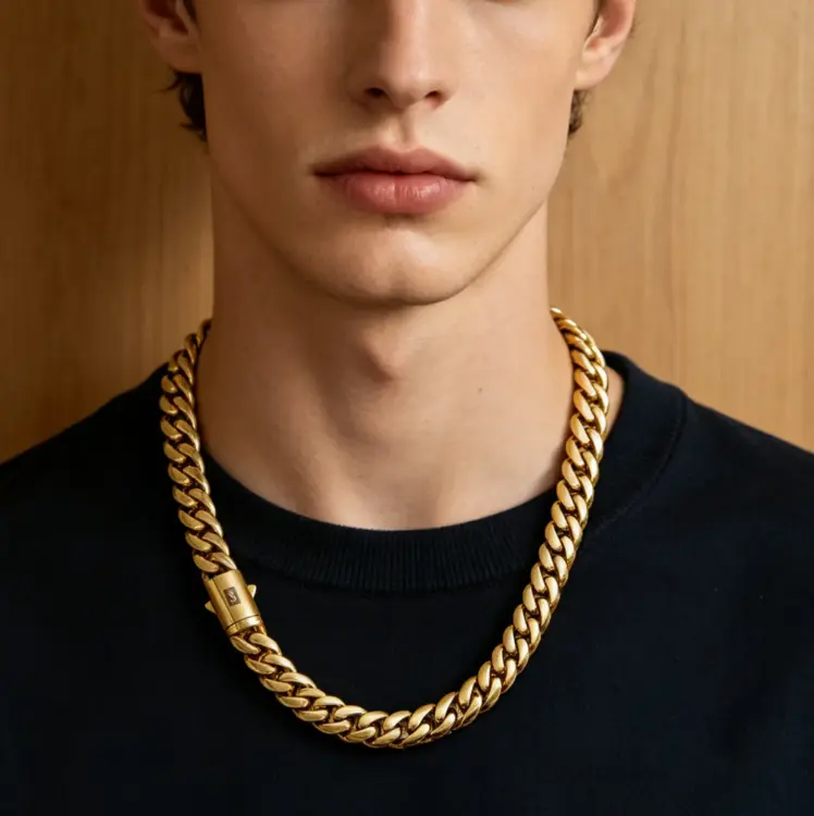Gold Tone S Mark Curb Link Chain Necklace | Smooth Polished Box Clasp | Chunky Cuban Link Chain for Hip Hop Streetwear and Urban Fashion Lovers
