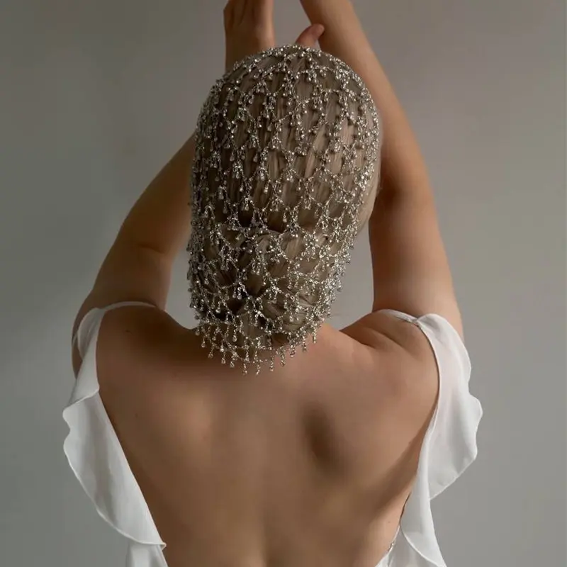 Glamorous Copper Rhinestone Bridal Fishnet Headpiece - Sparkling Crystal Mesh Cap Cover with Dangling Accents, Elegant Vintage Bead Decoration Headpiece for Weddings, Formal Parties, Female, Party, Dangling Beads, Fishnet Mesh, Wedding Prom