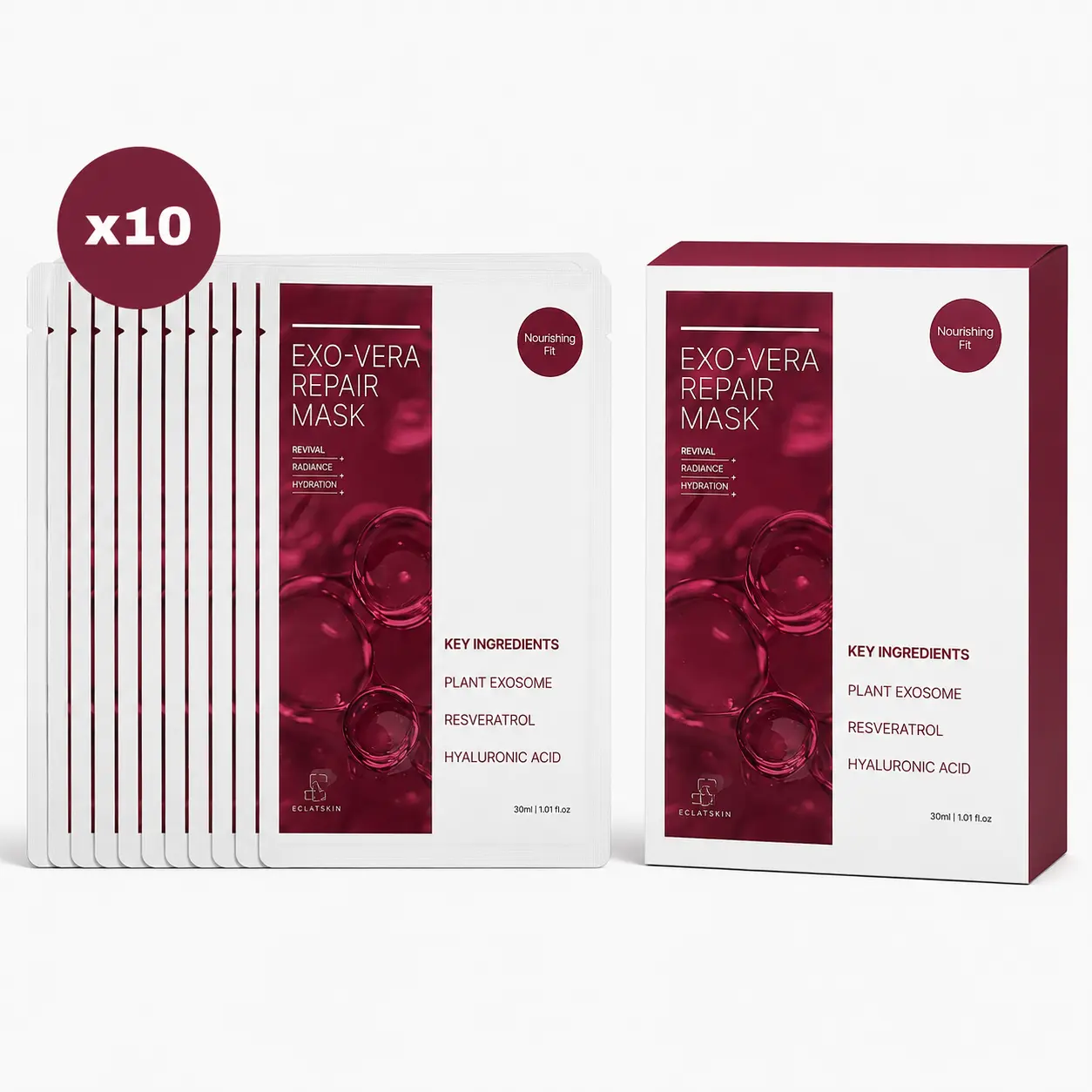 10 Pc KI Exosome Vera Repair Mask Revival Radiance Hydration Boost, Plant Exosome, Resveratrol, Hyaluronic Acid