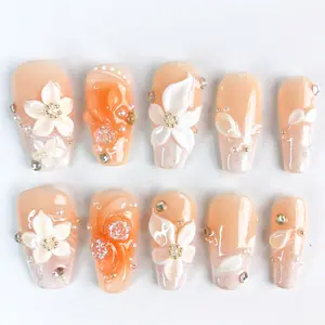 Peach Floral Press On Nails Handmade 3D Flower Nail Set - Glossy Nude Pink Acrylic False Nails with Pearl Rhinestone Design for Elegant Women 2026