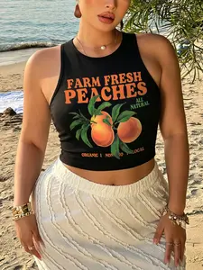 Women's Y2K Peach Print Short Sleeveless Top, Vintage Street Style, Fitted H-Type, Casual All-Season, Perfect for Summer