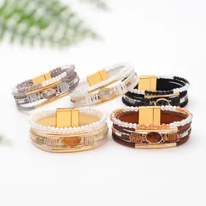 Boho Multilayer Leather Wrap Bracelet, Brown Beaded Magnetic Clasp Cuff, Bohemian Jewelry for Women