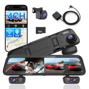 Rear View Mirror Camera, 4 Channel Mirror Dash Cam Front and Rear Inside for Cars & Trucks, 5.8GHz Wi-Fi, GPS, Parking Monitor, Reverse Assist, 12" Touch Screen, Night Vision, Free 128GB Card