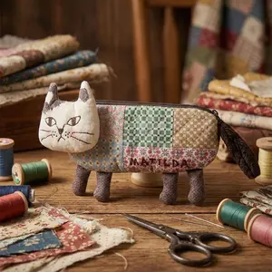 Cute Cat Face Patchwork Pouch with Metal Zipper, Quilted Bag for Makeup Brushes and Desk Storage, Adorable Fabric Organizer