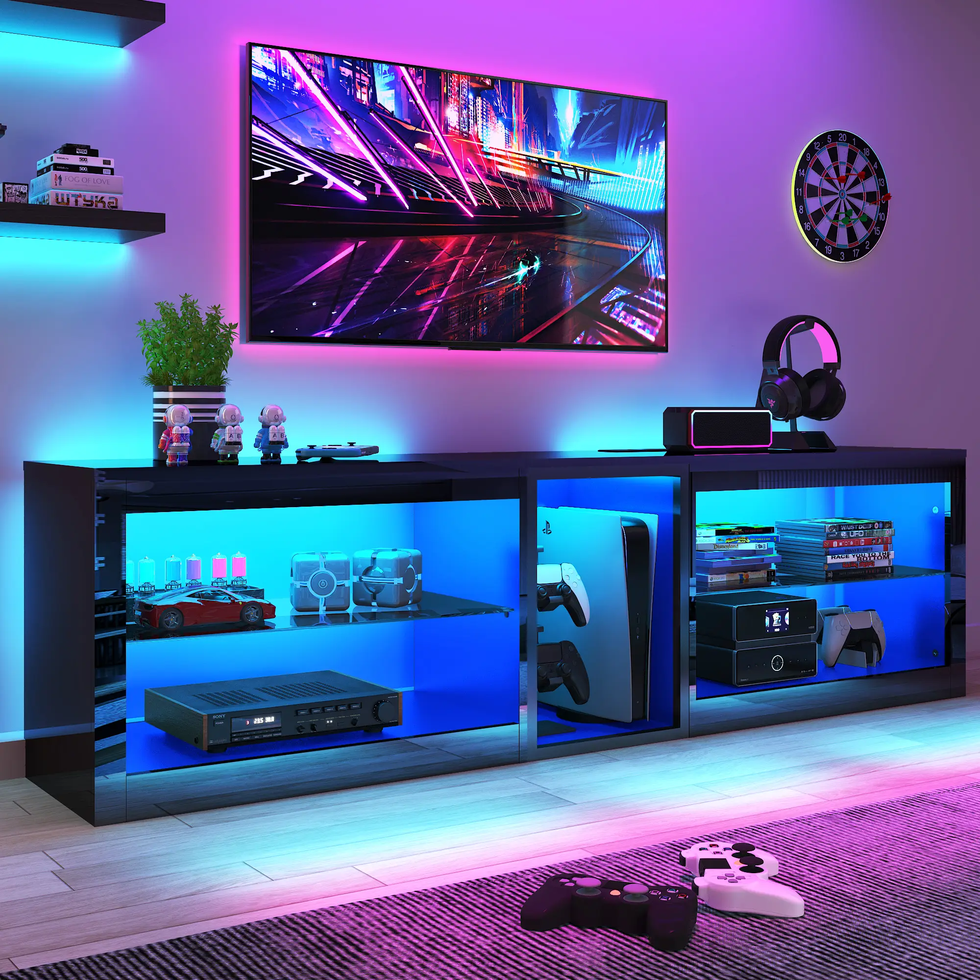 55/63/71/81 inch LED TV Stands W/Power Outlet,Black Entertainment Center W/70000-Colors Lights,High Gloss LED TV Console w/Adjustable Glass Shelves fo