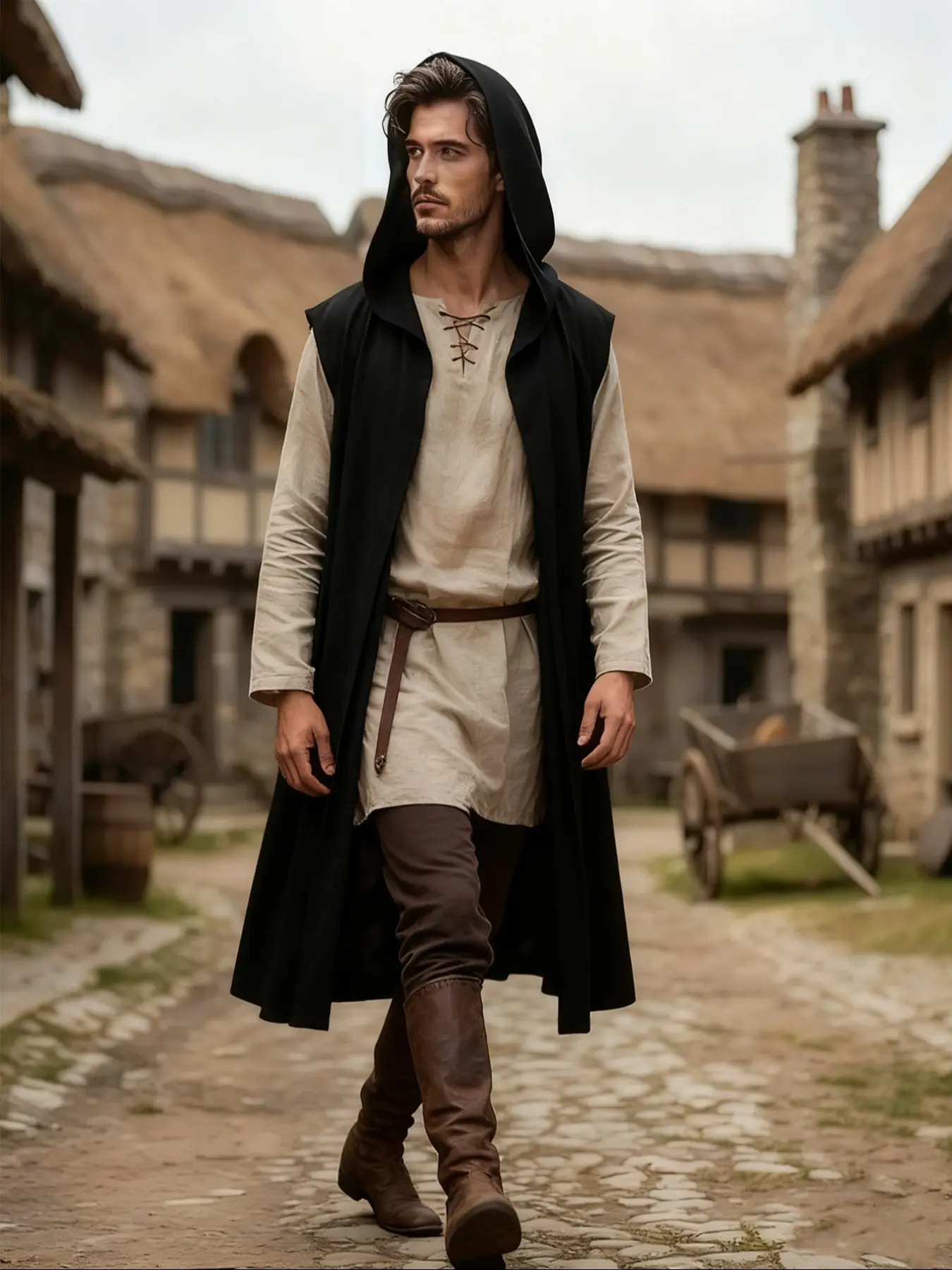 Men's Dark Hooded Vest – Medieval Cloak for Fantasy Cosplay, Halloween & Renaissance Festivals Men's Dark Hooded Vest – Medieval Cloak for Fantasy Cosplay, Halloween & Renaissance Festivals