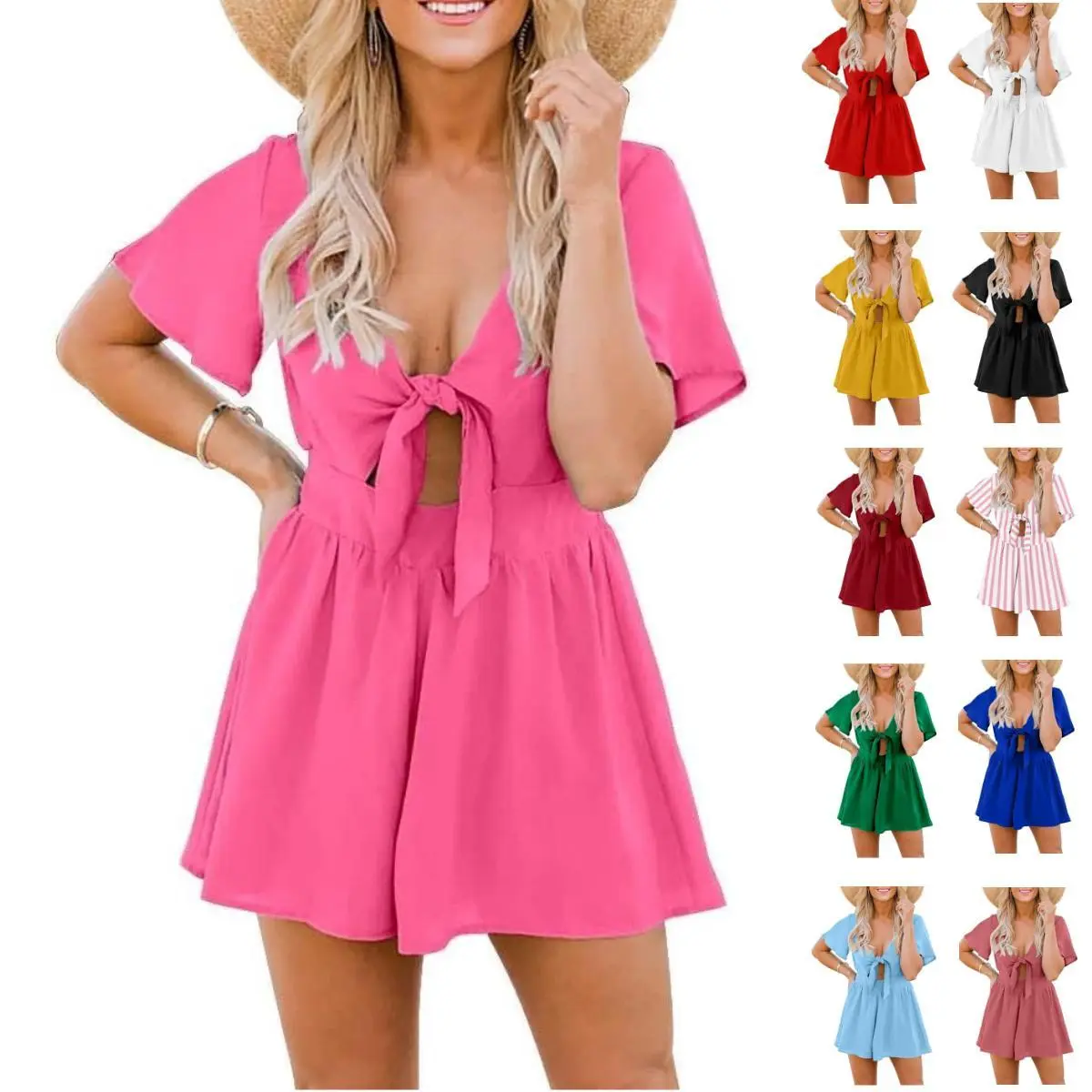 Womens Summer Short Rompers Sexy Cute Loose Tie Front Jumpsuit Casual V Neck Wide Leg Beach Overalls