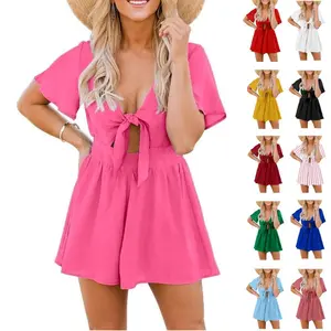 Imily Bela Womens Summer Short Rompers Sexy Cute Loose Tie Front Jumpsuit Casual V Neck Wide Leg Beach Overalls