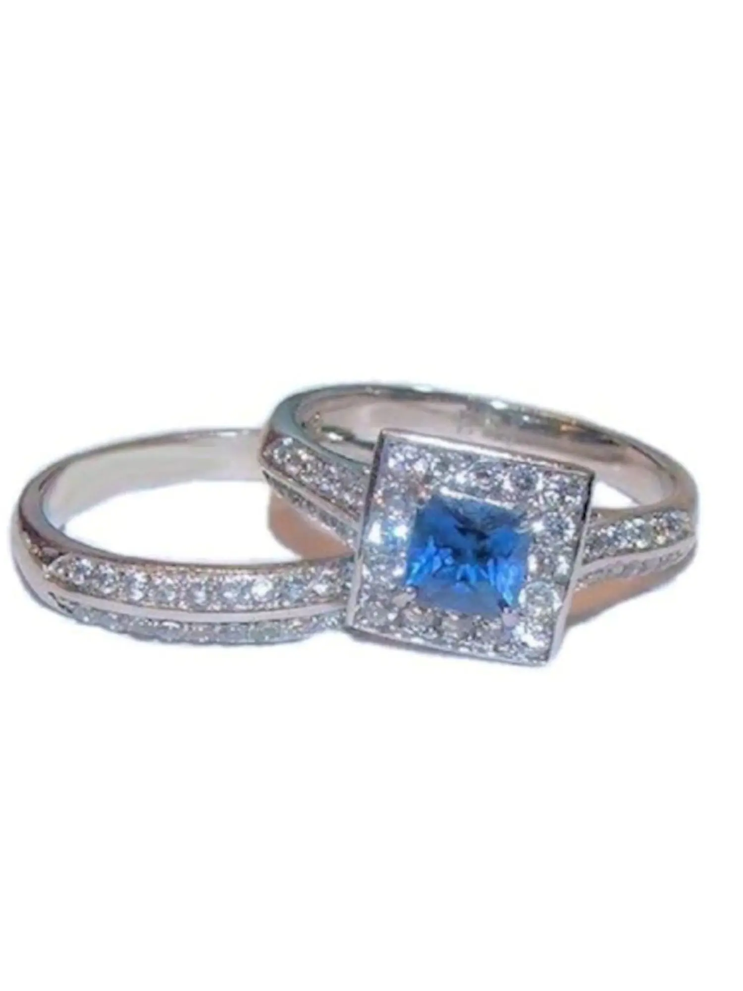 Women's Halo Sapphire Blue & Clear Cz Wedding Ring Set Stainless Steel