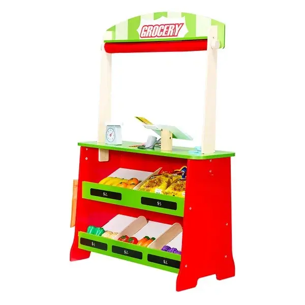 Sturdy Wooden Puppet Theater with Curtains - 2-in-1 Reversible Play Store, Double-Sided Grocery Playset with Chalkboard, Cash Register, Card Reader, 20 Fruit & Veggie Pieces, Shopping Bags, Secure Kids Pretend Play Gift for Boys & Girls