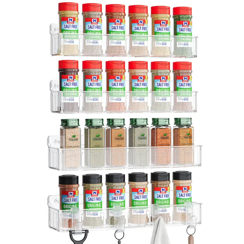 Nieifi 4-Pack Clear Spice Rack Wall Mount Shelves, Acrylic Storage Organizer with Screw or Adhesive Mounts for Kitchen Cabinet, Pantry Door, Bathroom, Dorm Room