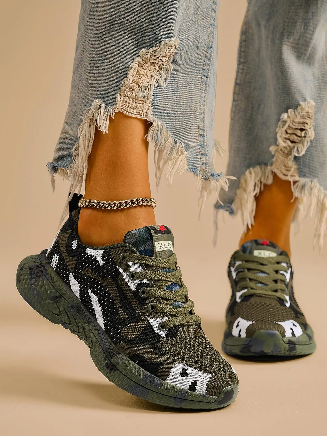 Women's Fashionable Army Shoes, Camo Print Lace Up Low Top Sneakers, Casual Sporty Contrast Mesh Runner Shoes for Women, Walking Shoes, 2024 Trendy Br