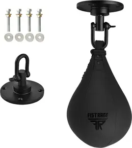 FISTRAGE Matte Black Leather Boxing Speed Ball Punch Bag Kit with Swivel Wall Mount for MMA Muay Thai Training Heavy Duty Durable Home Gym Equipment for Commercial Use Professional Punching Bag for Fitness Workouts
