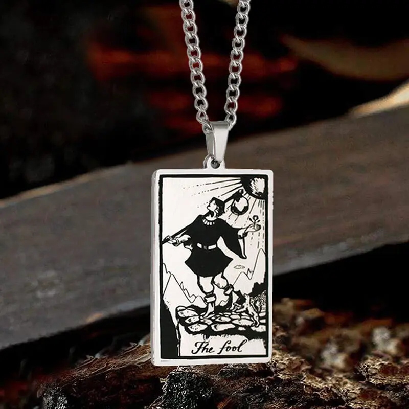 GTHIC Unisex The Fool Tarot Card Necklace Stainless Steel Square Card Pendant for Daily Wear