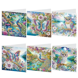 DIY Diamond Art Colorful Painting Greeting Cards Kit, 6 Counts/set Butterfly & Owl & Flower Pattern DIY Diamond Arts Colorful Painting Greeting Card with Envelope