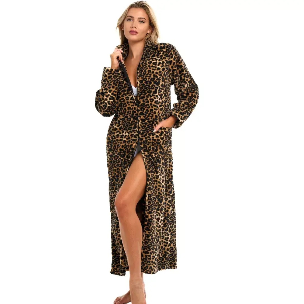 ADR Long Zip Up Robes for Women Plush Zipper Robes for Women Plus Size Housecoats for Women Zipper Front Leopard Print Large