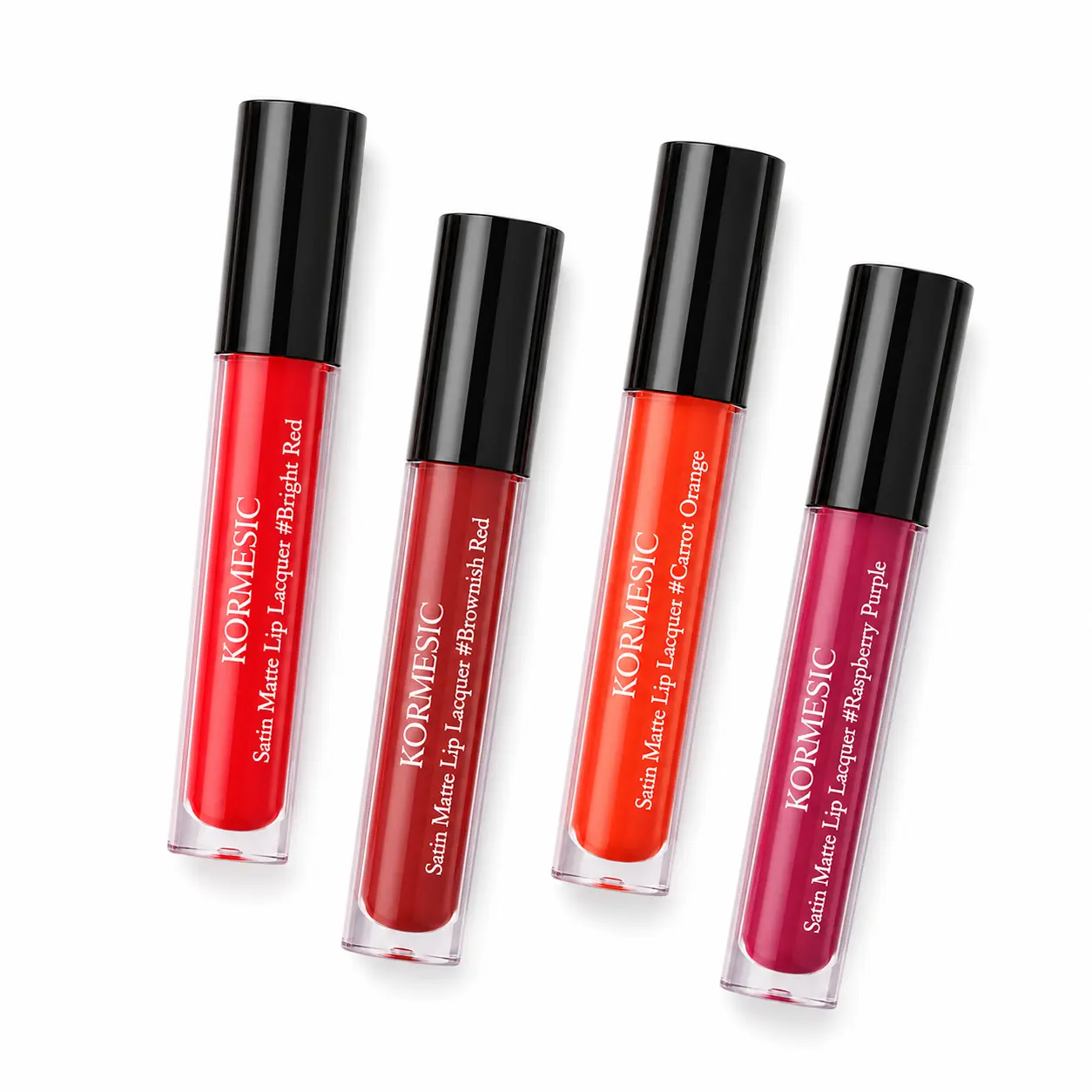Women's Compact Safe Satin Matte Liquid Lipstick Set - 4 Vibrant Multiple Shades (Bright Red, Brownish Red, Carrot Orange, Raspberry Purple) - Smooth Lightweight Lip Lacquer, Easy Apply, Daily Wear, 2.2g Each