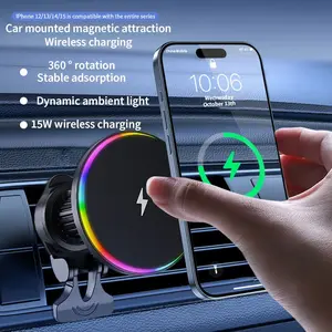 Wireless Car Charger with RGB Lights, Vent Mount Phone Holder, 360° Rotating Magnetic Stand, Magnetic Charging Design for iPhone 17/16/15/14/13/12 Series
