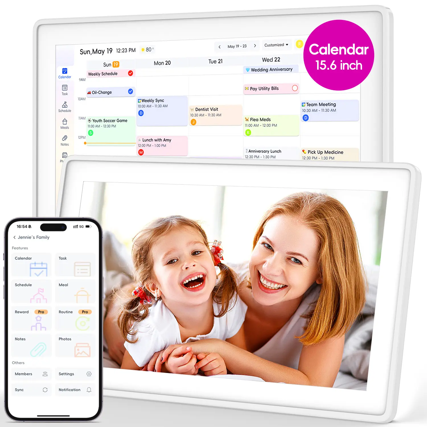 Kinstone 15.6 in Smart Digital Calendar Electronic Notebook - Touchscreen Family Planner, Third-Party Platform Calendar Sync, Global Search, Themed Displays, Live Photos, Video & Music Playback