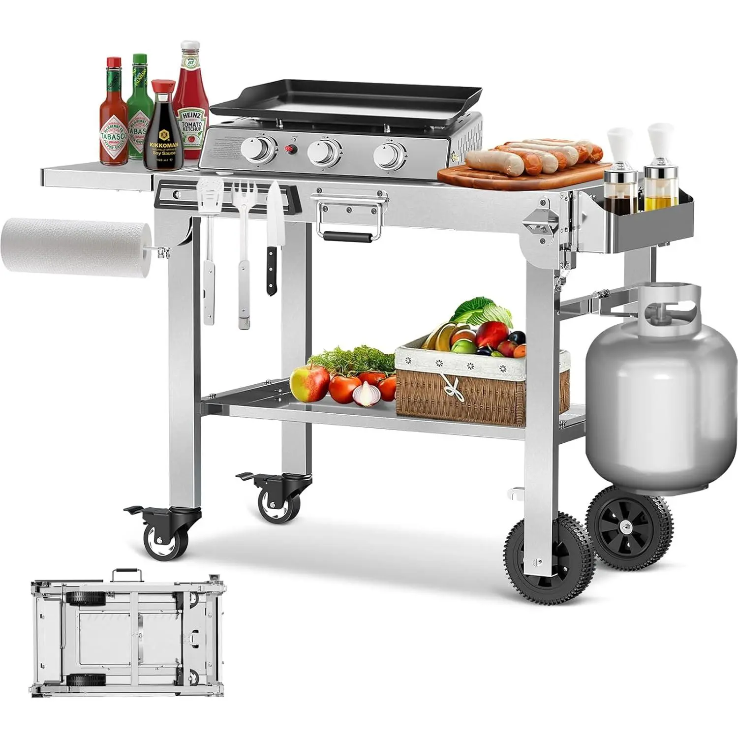 R.W.FLAME Portable Folding Grill Prep Table with Wheels, Stainless Steel BBQ Grill Stand for Camping, Tailgating and Outdoor Cooking, Rolling Dining Cart for Tabletop Grill, Griddle and Pizza Oven